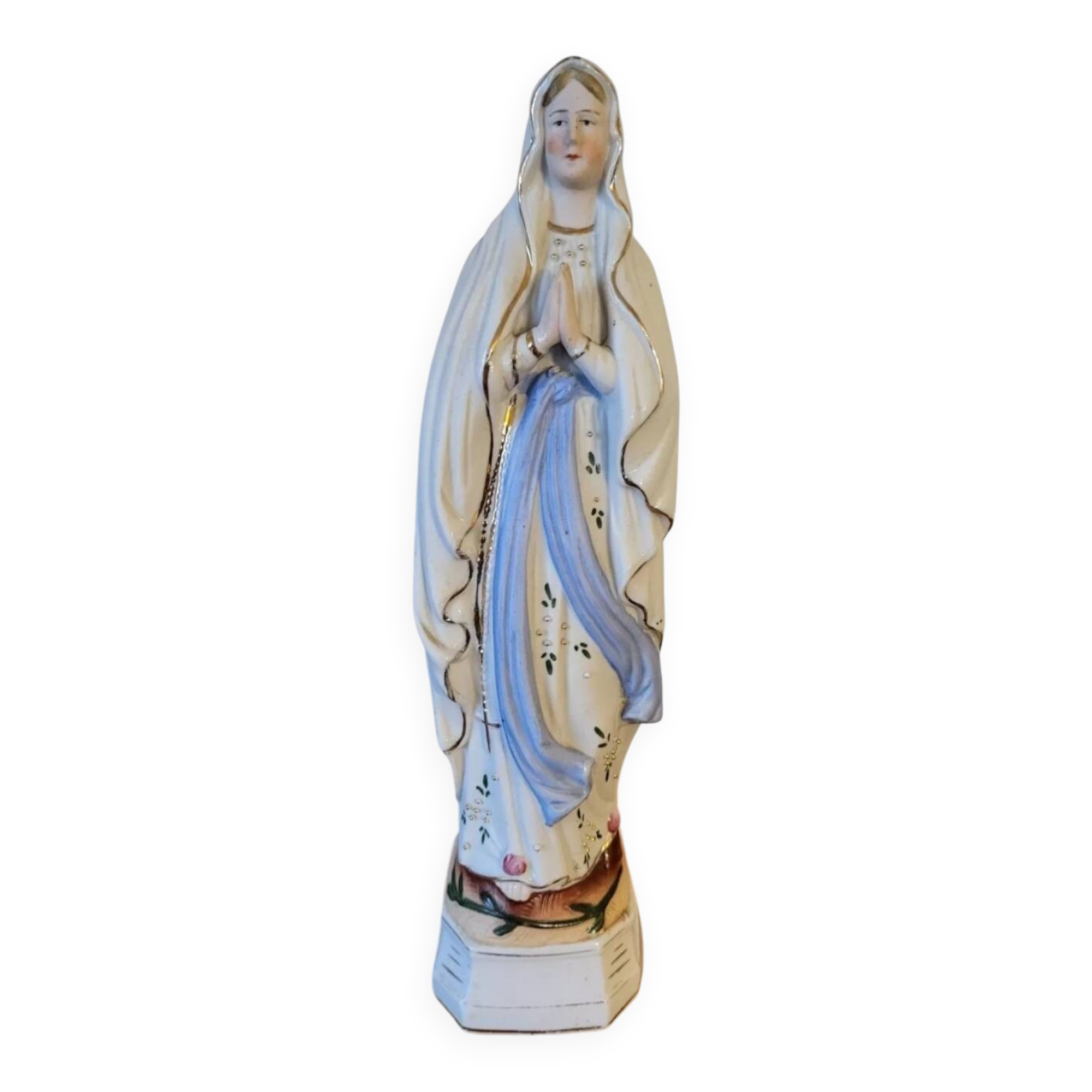 Religious statuette of the Virgin Mary in bisque porcelain