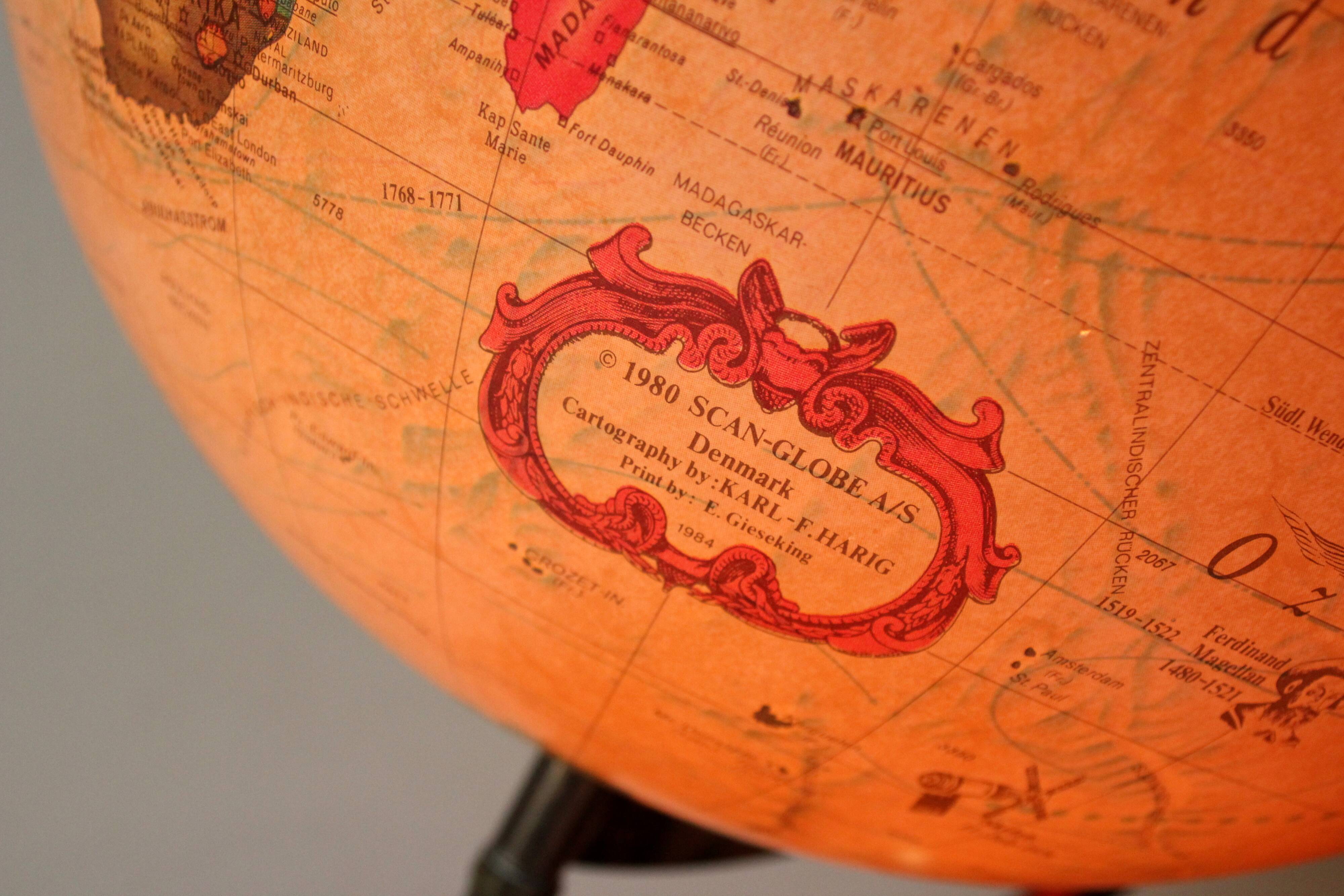 1980s danish illuminated globe (Scan-Globe) on a wooden foot with weather station