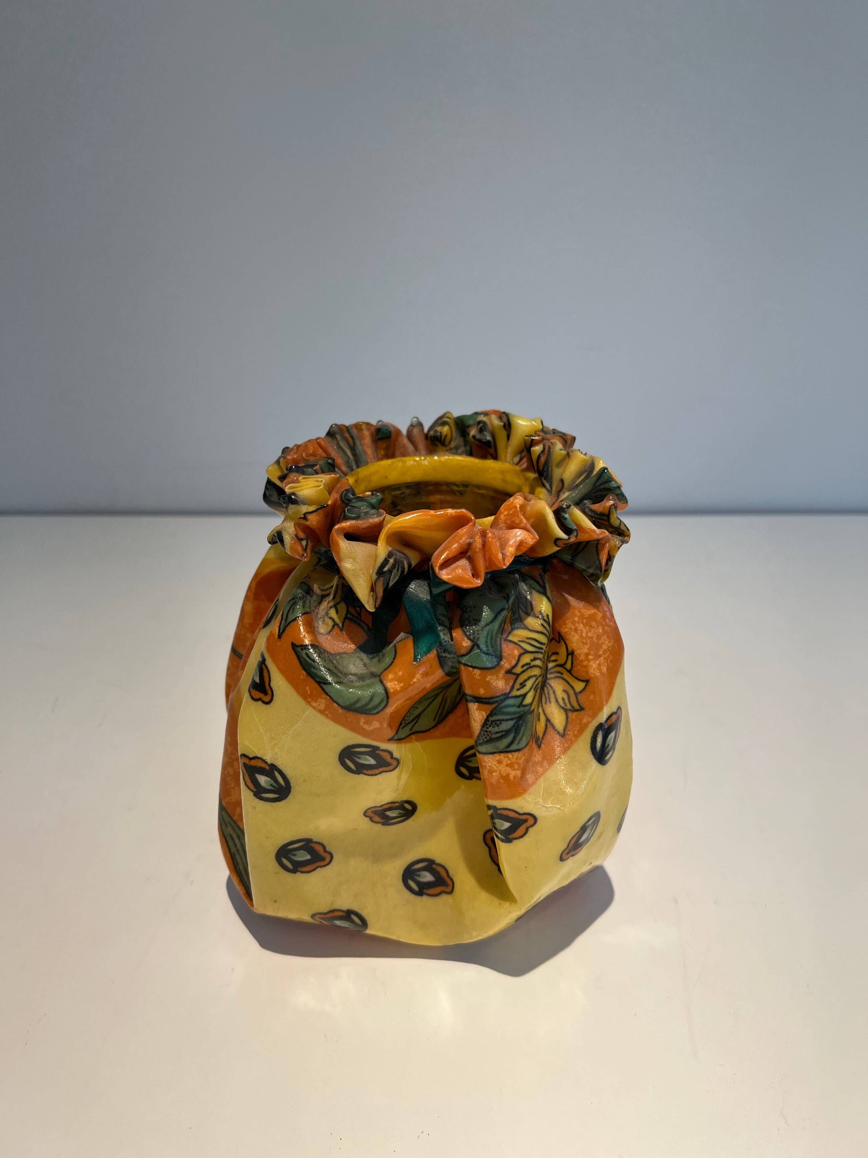 Trompe-l'Œil Ceramic Vase in the Shape of a Knotted Bag with Floral Decoration. Work