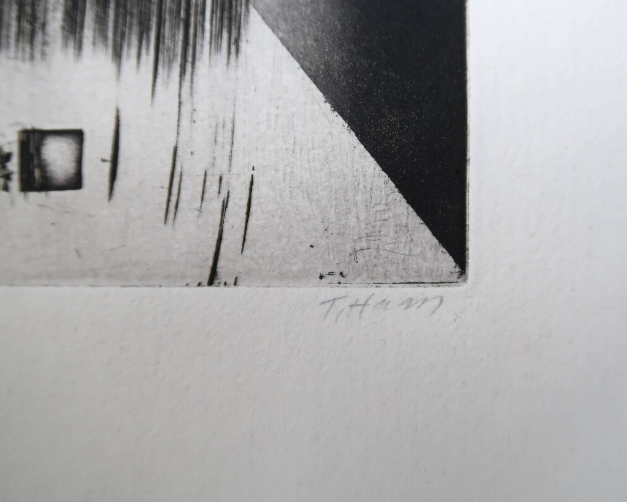 Minimalist abstract engraving in black and white by Terry Haass, 1960s.