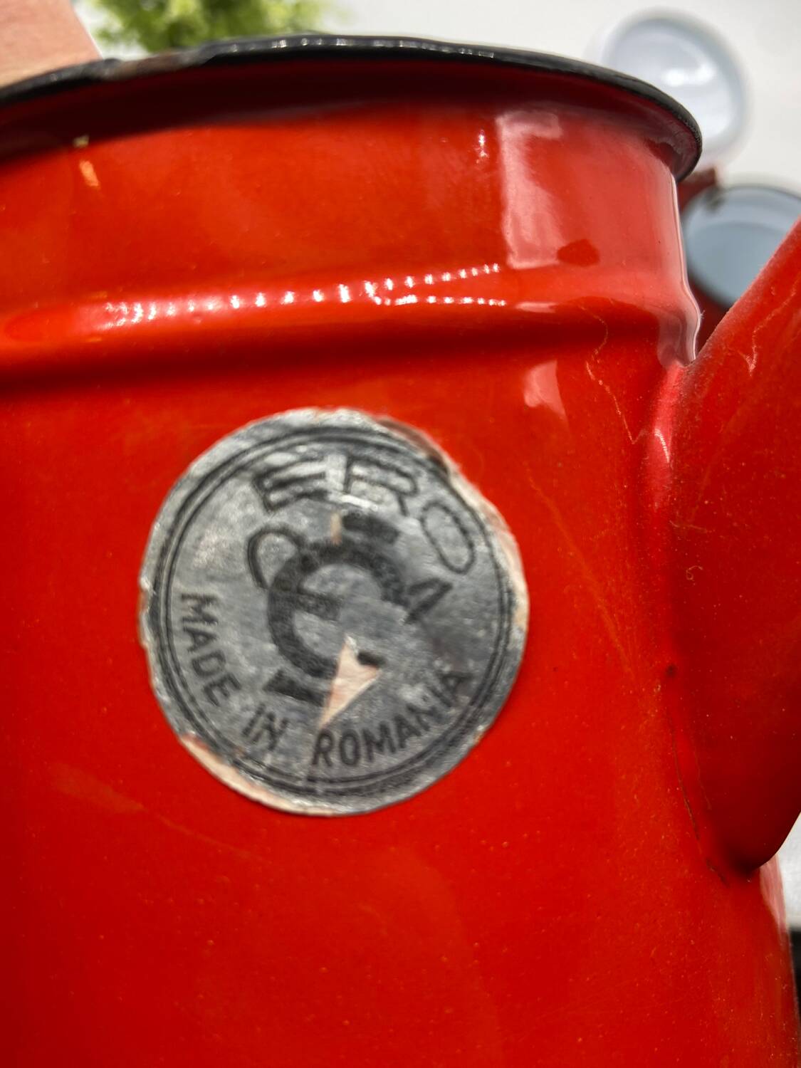 Set of red/white enameled metal coffee makers, vintage