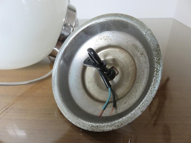 Hanging lamp Bauhaus white opaline ball and chrome metal 30 40 years