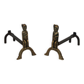 Pair of bronze andirons with seated shamans monogrammed Anton Prinner
