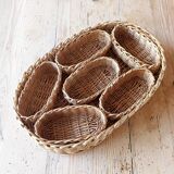 Wicker tray and 6 matching bowls.