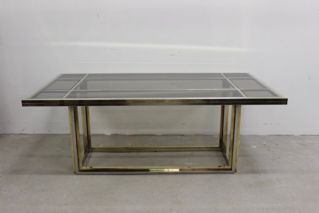 Dining table in chrome-plated steel and brass by Romeo Rega circa 1970