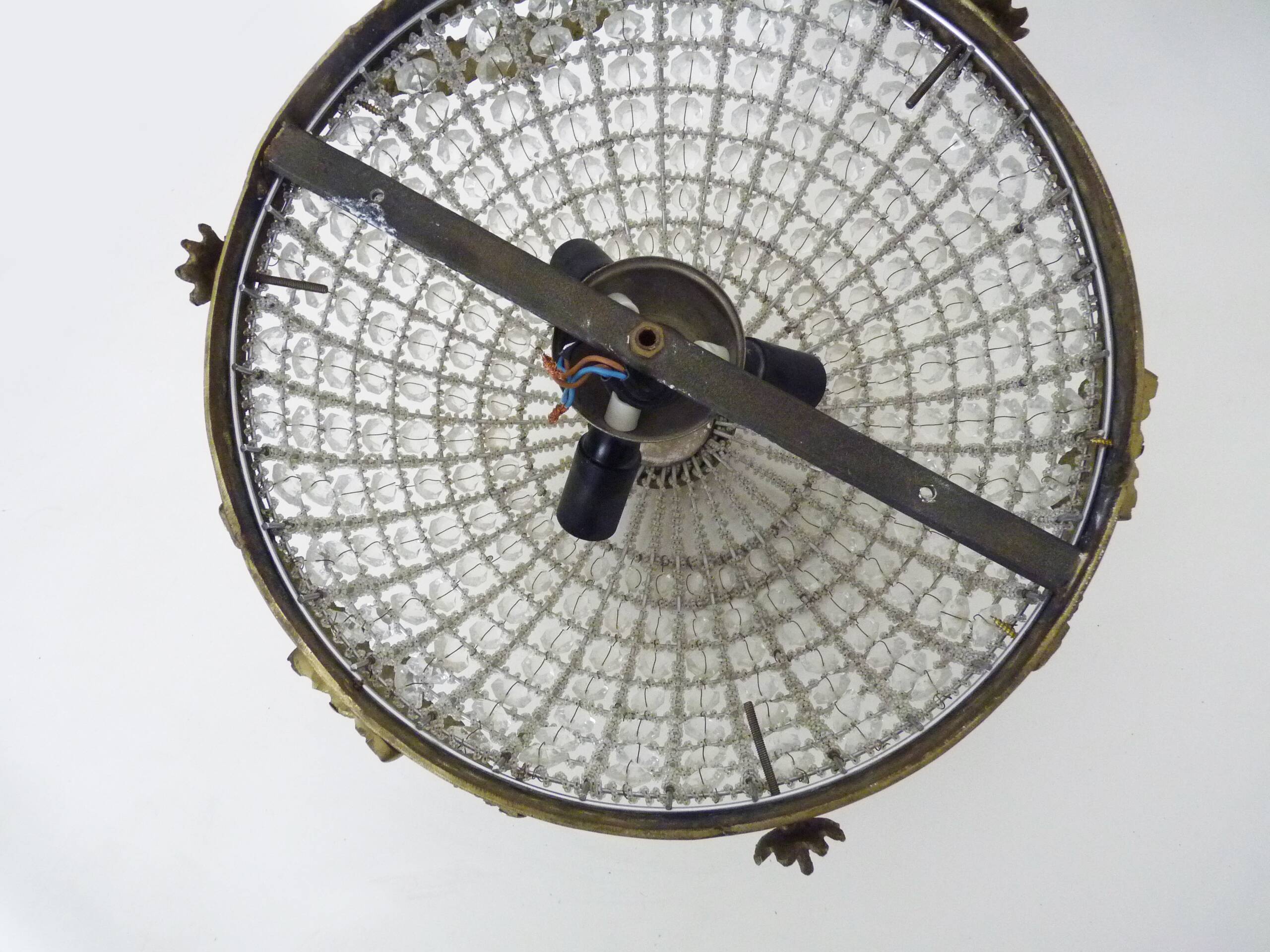 Half-basket ceiling light with 3 bronze lights and glass pendants. 1980s