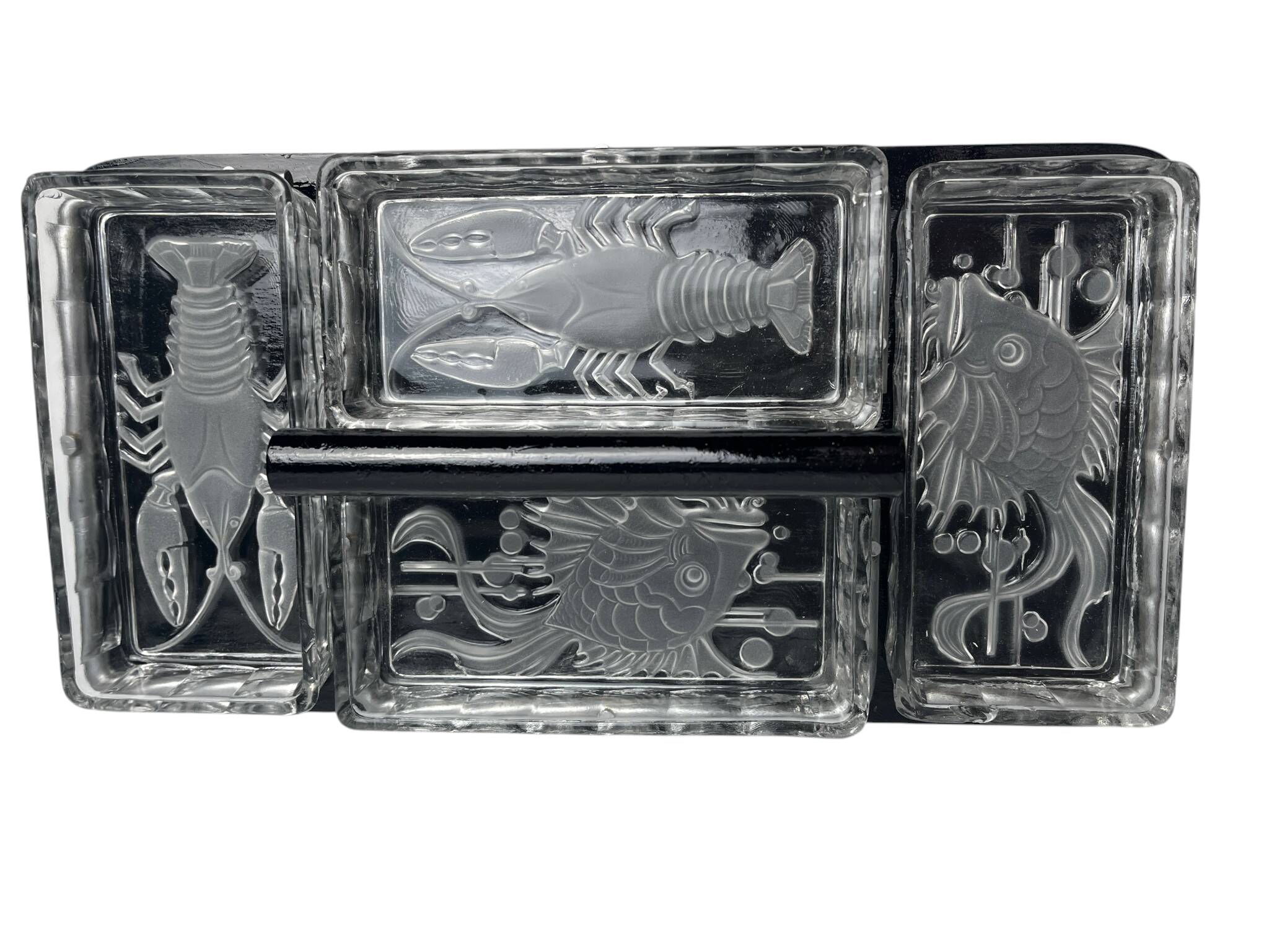 Art Deco, serving tray with glass ramekins for fish and shellfish from around 1940.