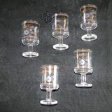 5 old glasses on foot floral decoration blue and gold vintage crystal?