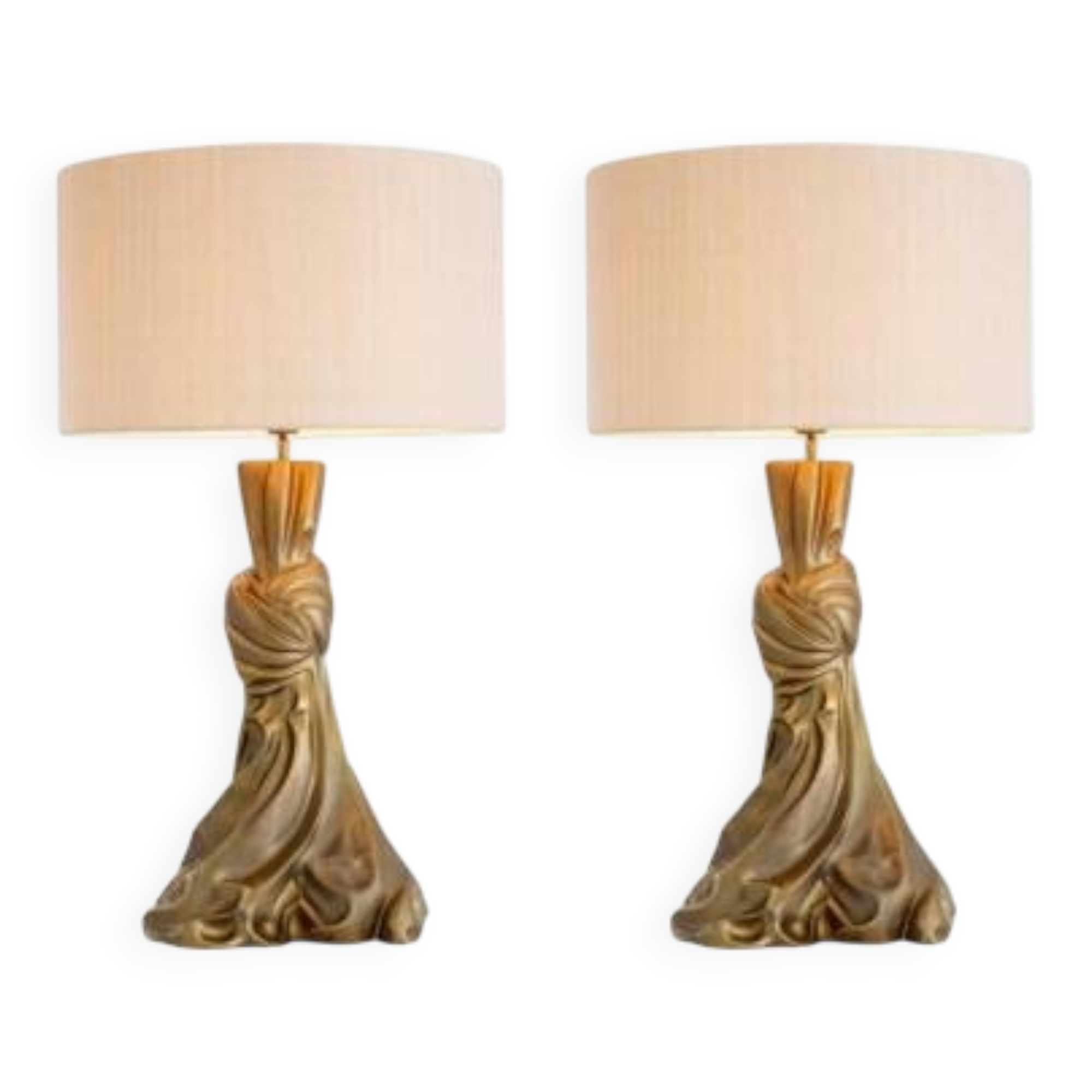 Pair of table lamps in patinated brass color, linen lampshade.