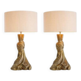 Pair of table lamps in patinated brass color, linen lampshade.