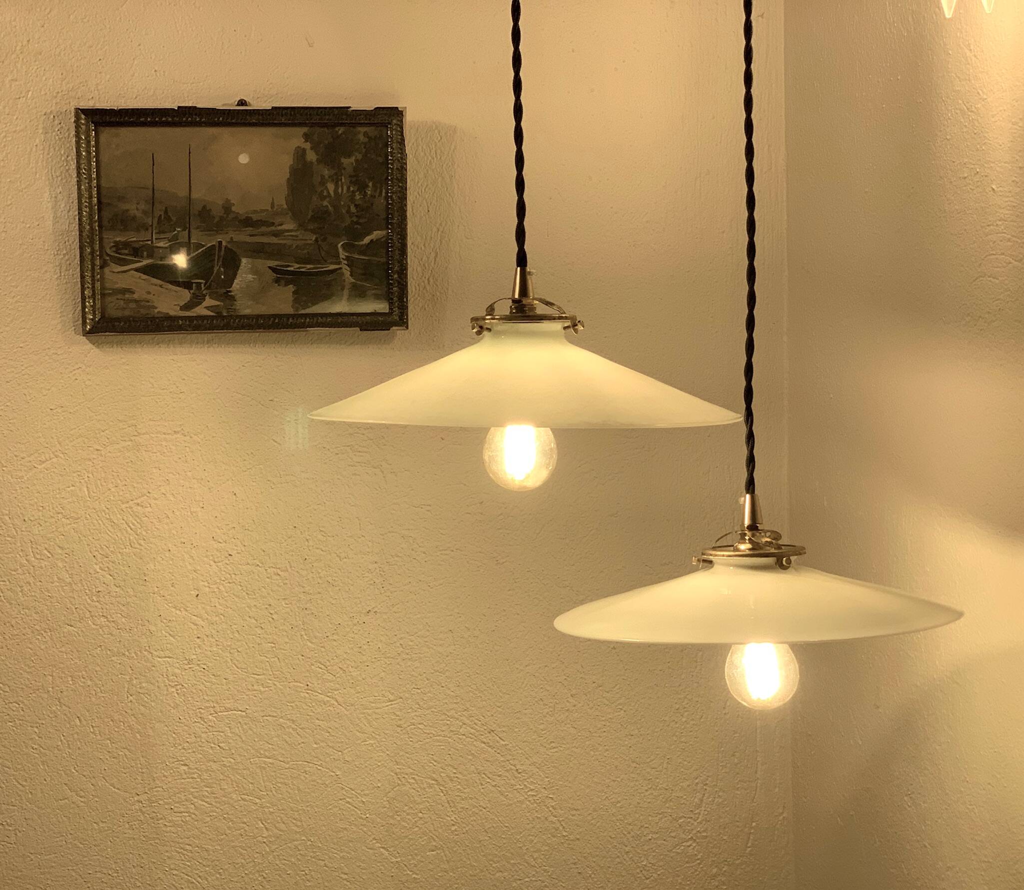 Pair of serrated opaline bistro pendant lights