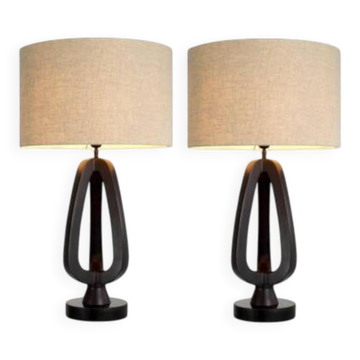 Paire de lampes de table en bronze patiné et base en granit noir