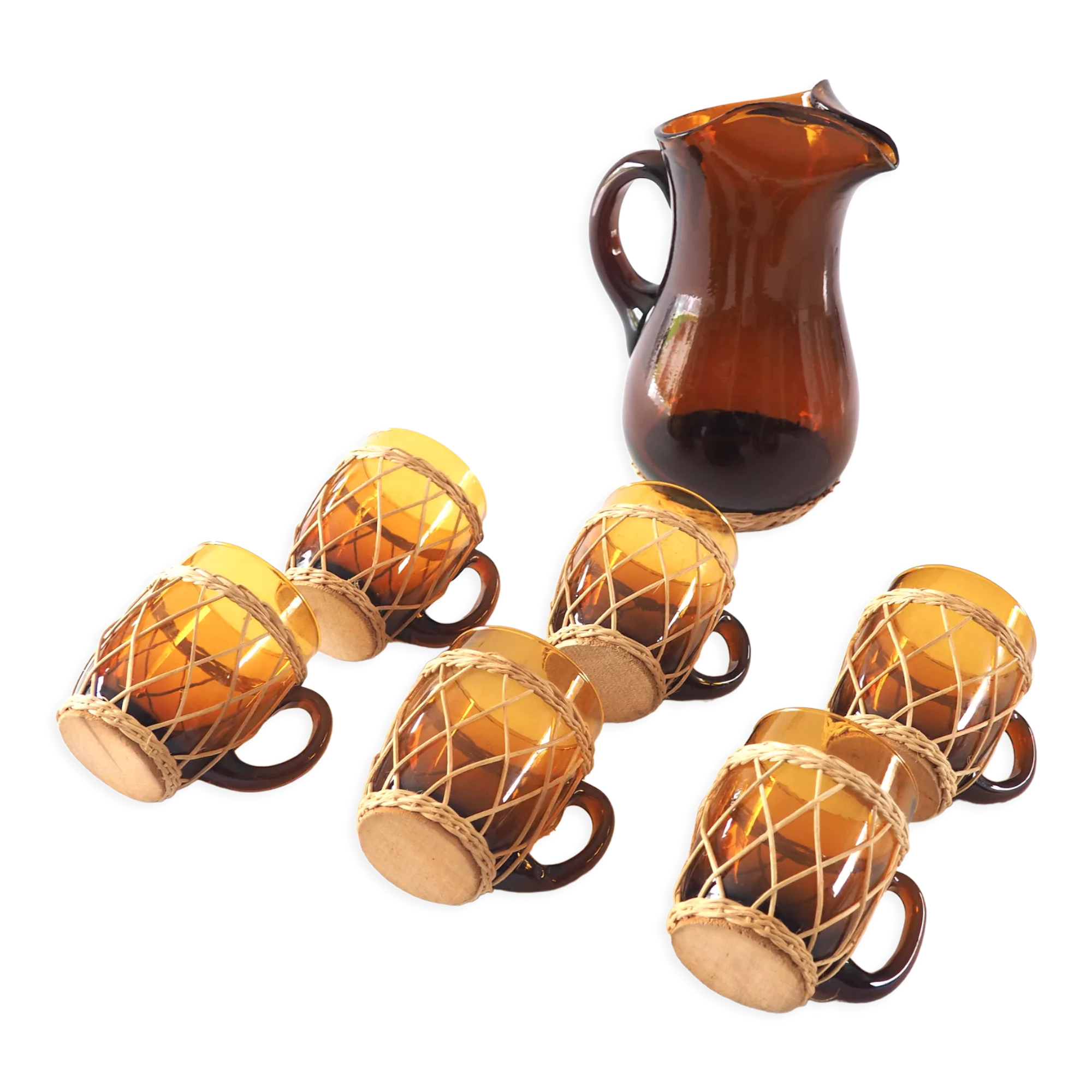 Amber glass and rattan service