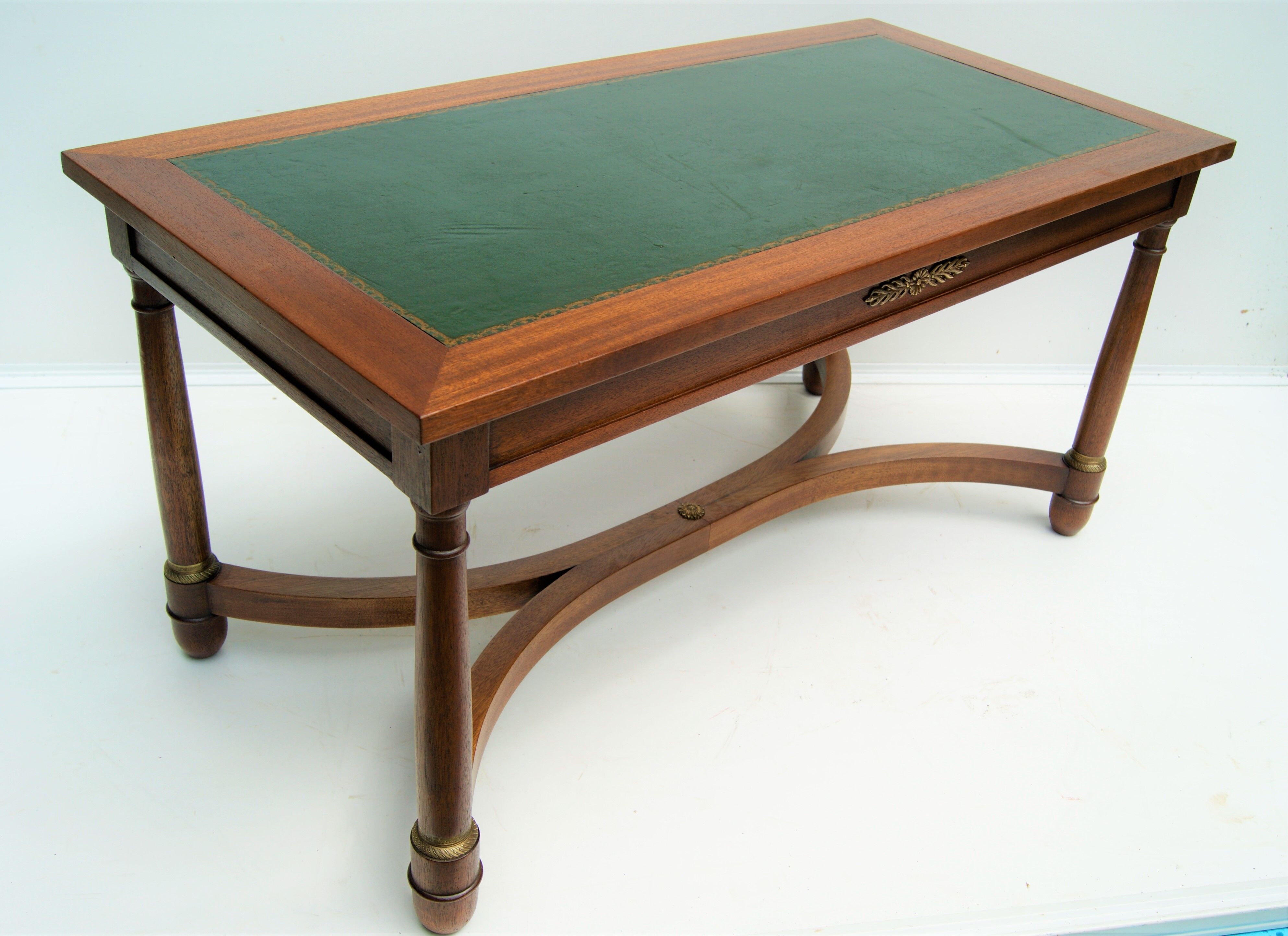 Mahogany coffee table, green leather, bronze Empire style