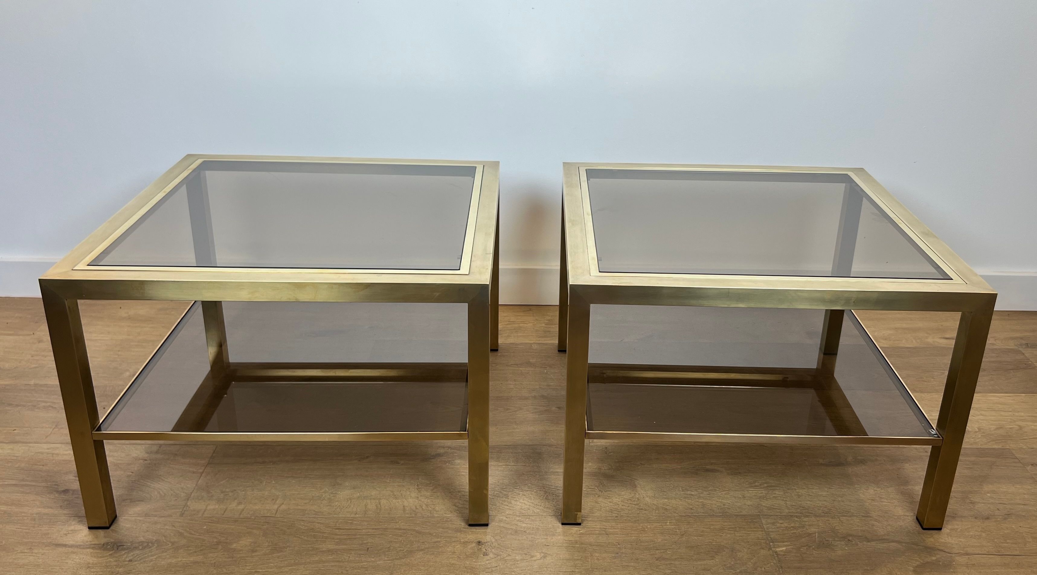 Pair of large square brass side tables