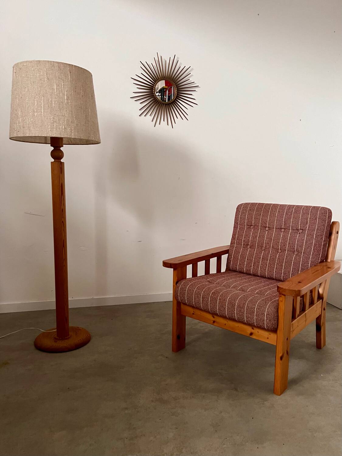 Old vintage Scandinavian design pine armchair from the 70s