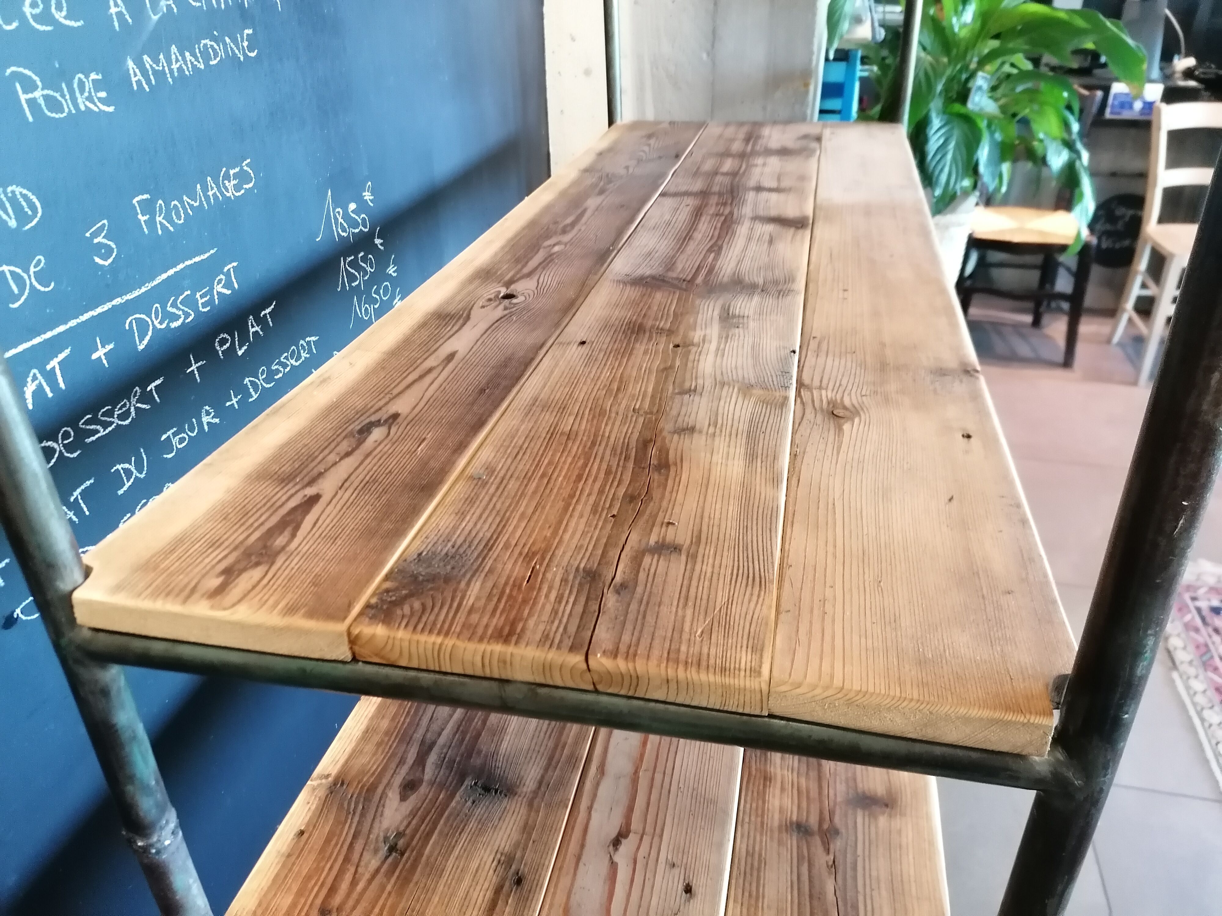 Steel and wooden shelf on wheels
