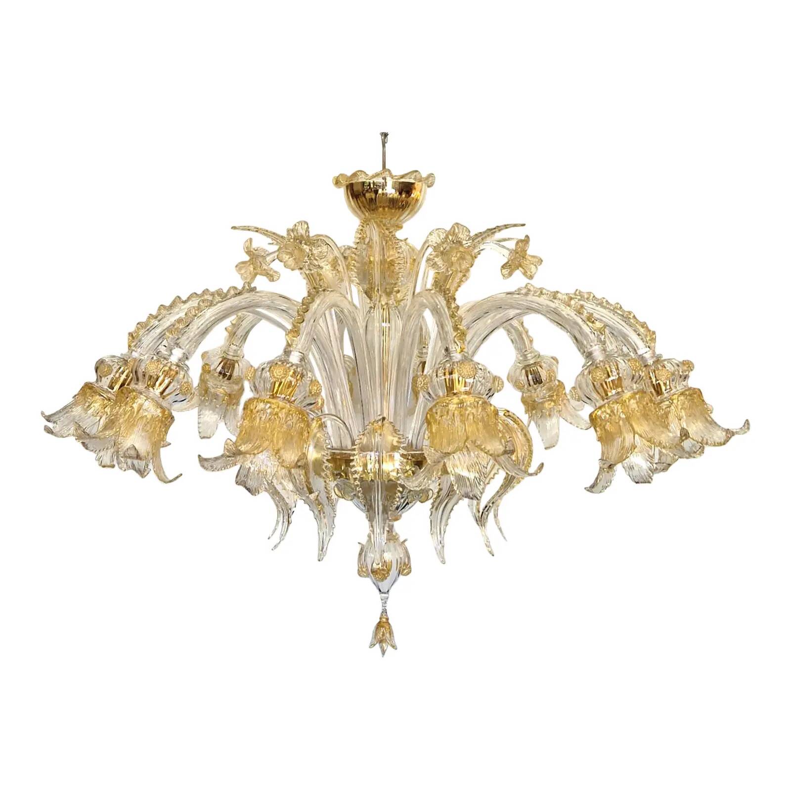 Opulent Gold and Clear Murano Glass Chandelier with Flowers and Leaves