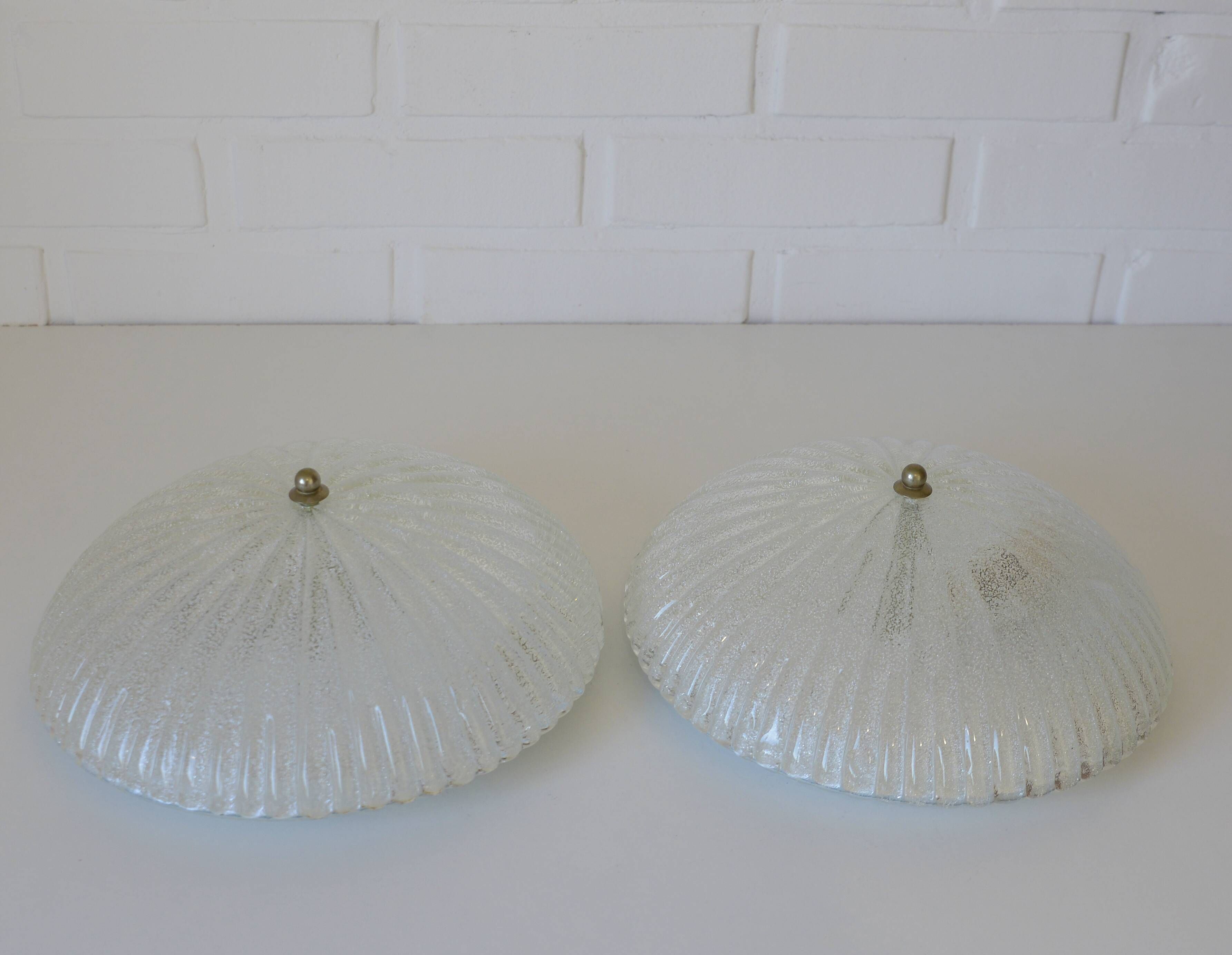 Set of 2 vintage hand blown ice glass wall sconces / pair of flush mount ceiling lights