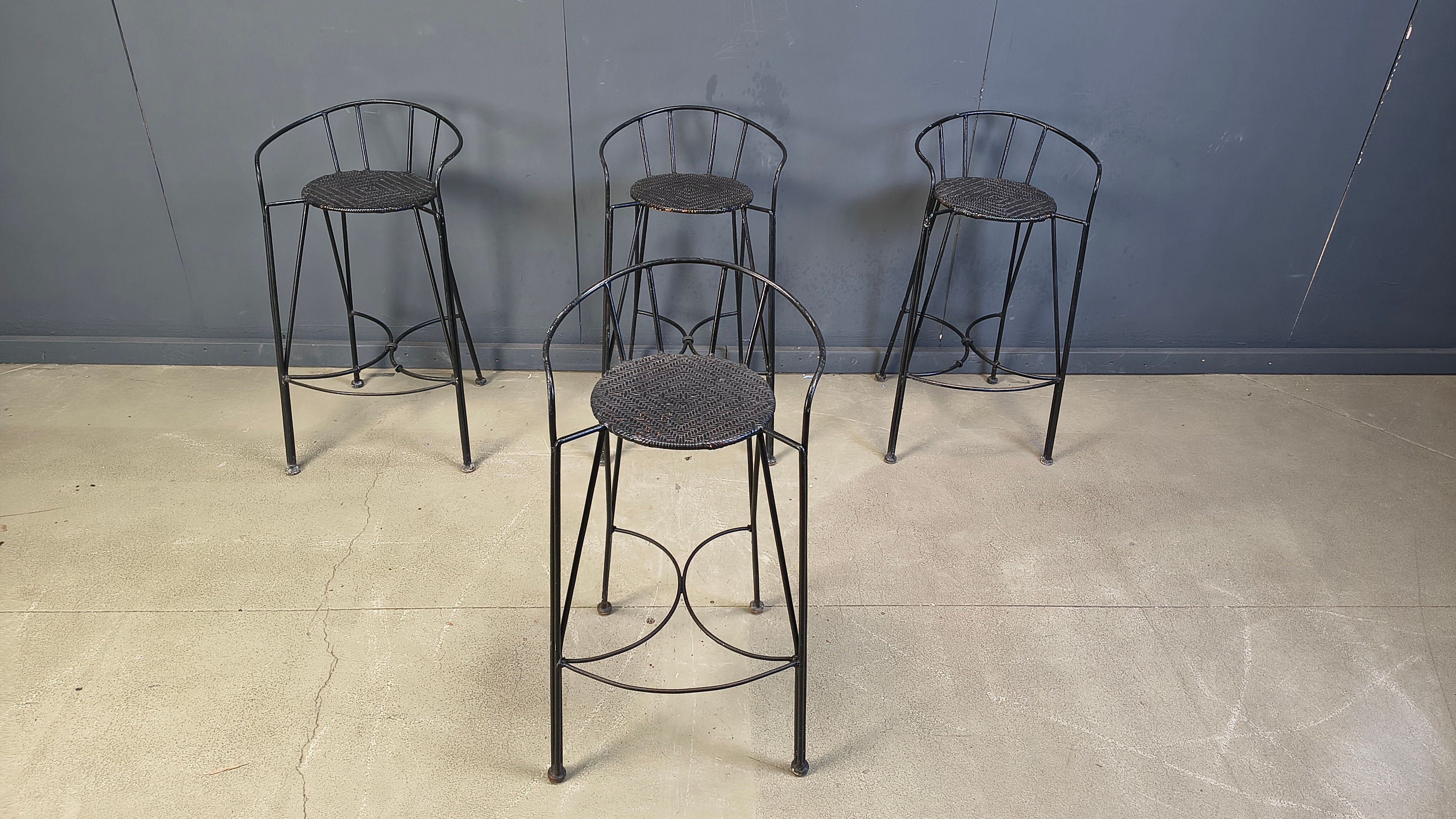 Tabourets de bar vintage en fer forgé et rotin, ensemble de 4 - années 1970