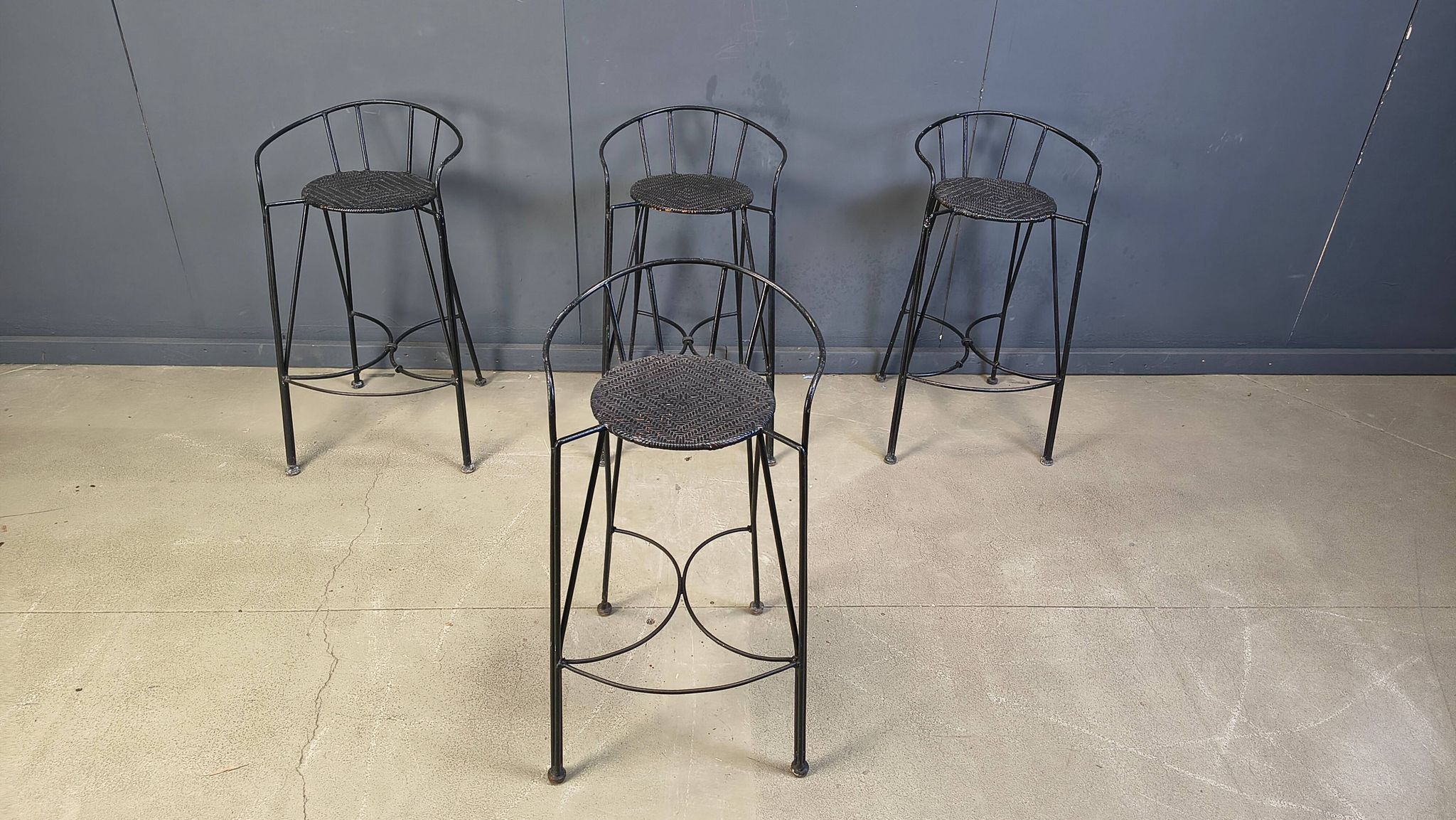 Tabourets de bar vintage en fer forgé et rotin, ensemble de 4 - années 1970