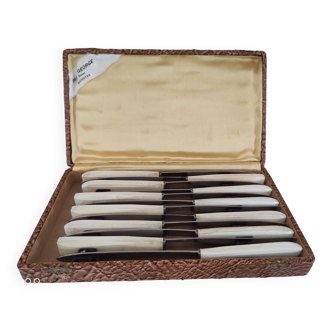 Coffret de 12 couteaux anciens manches en corne et lame inox