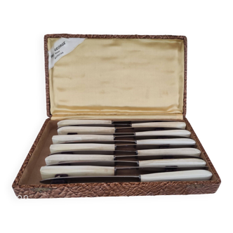 Box of 12 old knives with horn handles and stainless steel blade