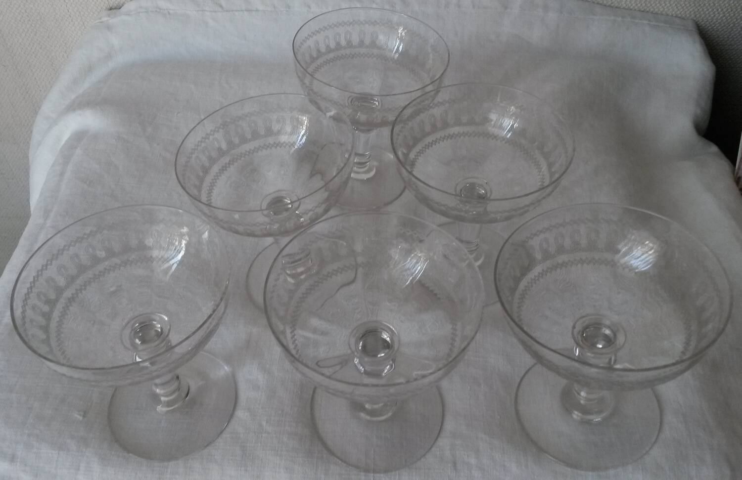 8 Antique Engraved Crystal Champagne Glasses 250517