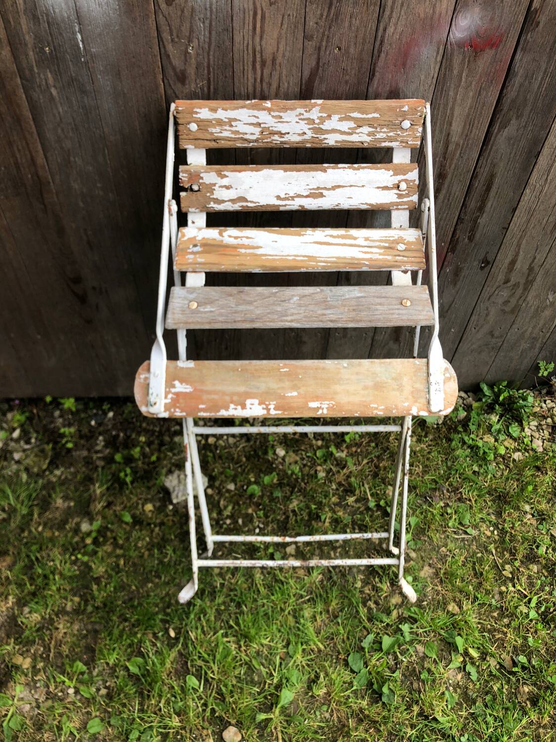 Vintage White Metal & Wood Folding Garden Chair