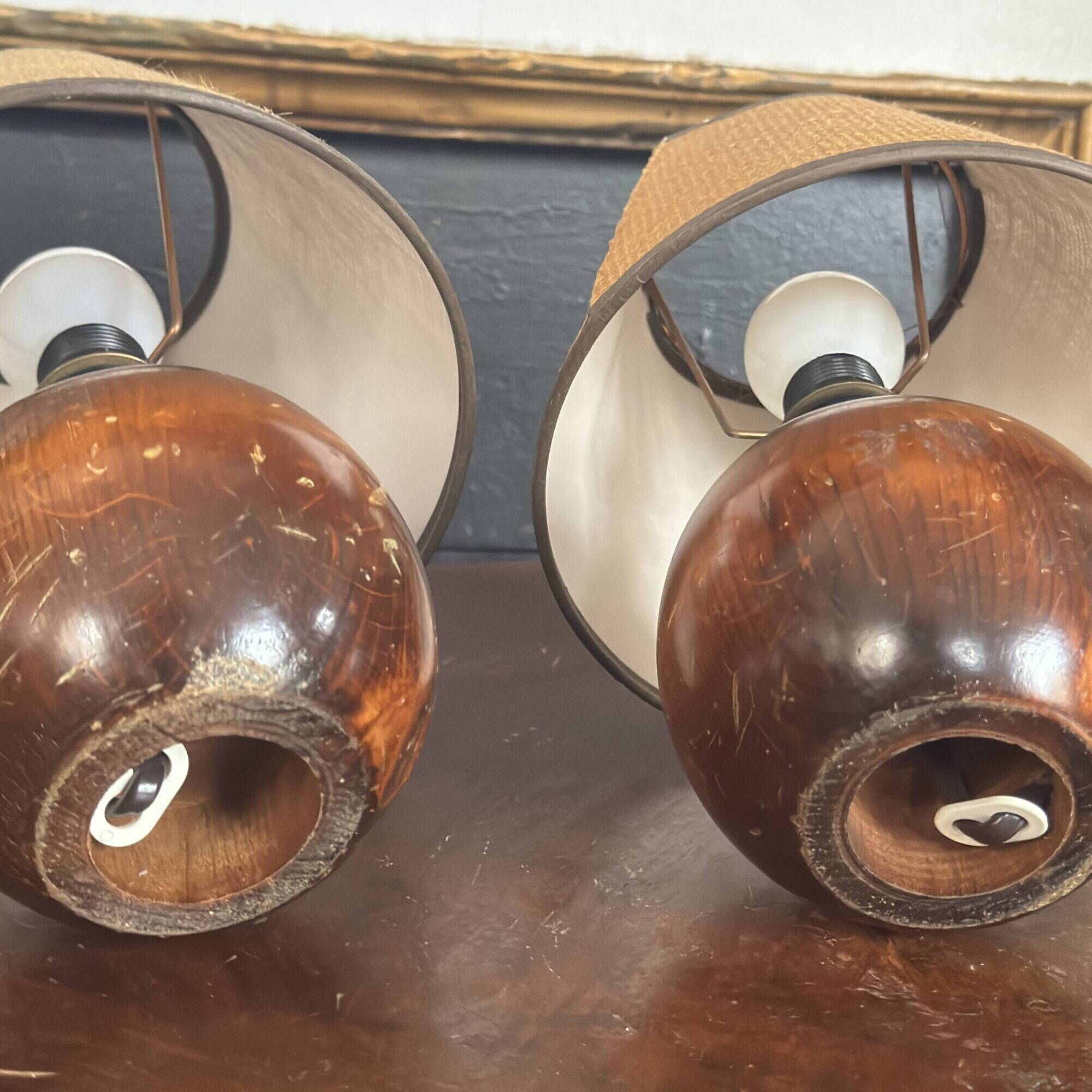 Pair of vintage brutalist wooden bedside lamps 1950