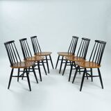 Tapiovaara Fanette style spindle teak chairs, set of 6