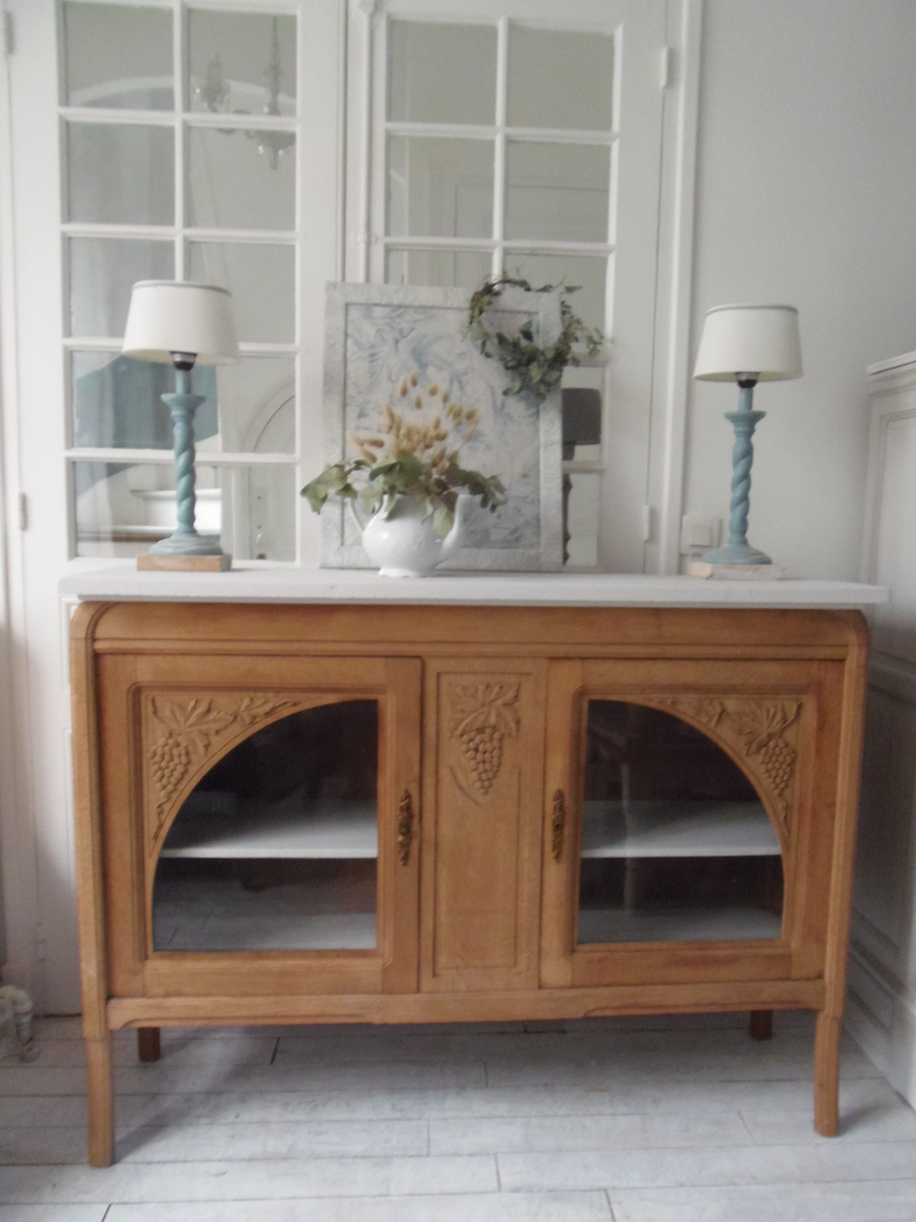 Buffet, art deco serving in oak, pearl gray patinated pine top