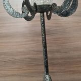 Hammered and patinated steel floor lamp, art deco style, 160cmx30 opaque pink glass and molded glass