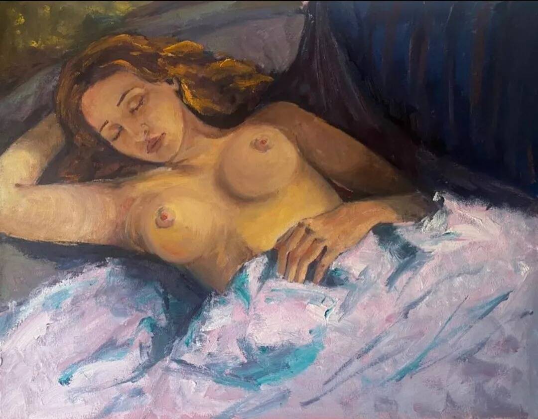 20th Century Oil Portrait Painting of a Semi-Nude Woman