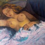 Portrait à l'huile d'une femme à moitié nue, peinture du XXe siècle