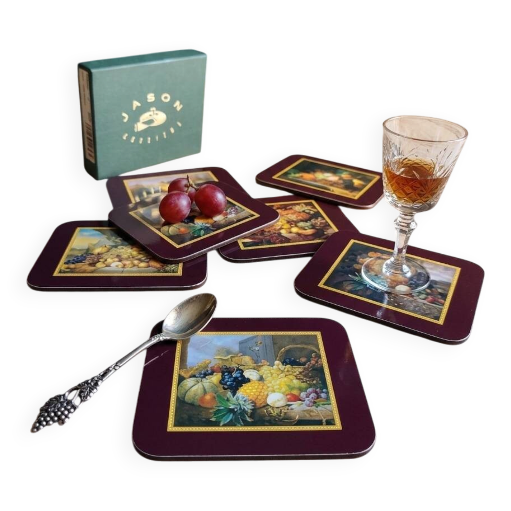 Set of 6 vintage Jason "Still Life Fruit" coasters, cork and durable.