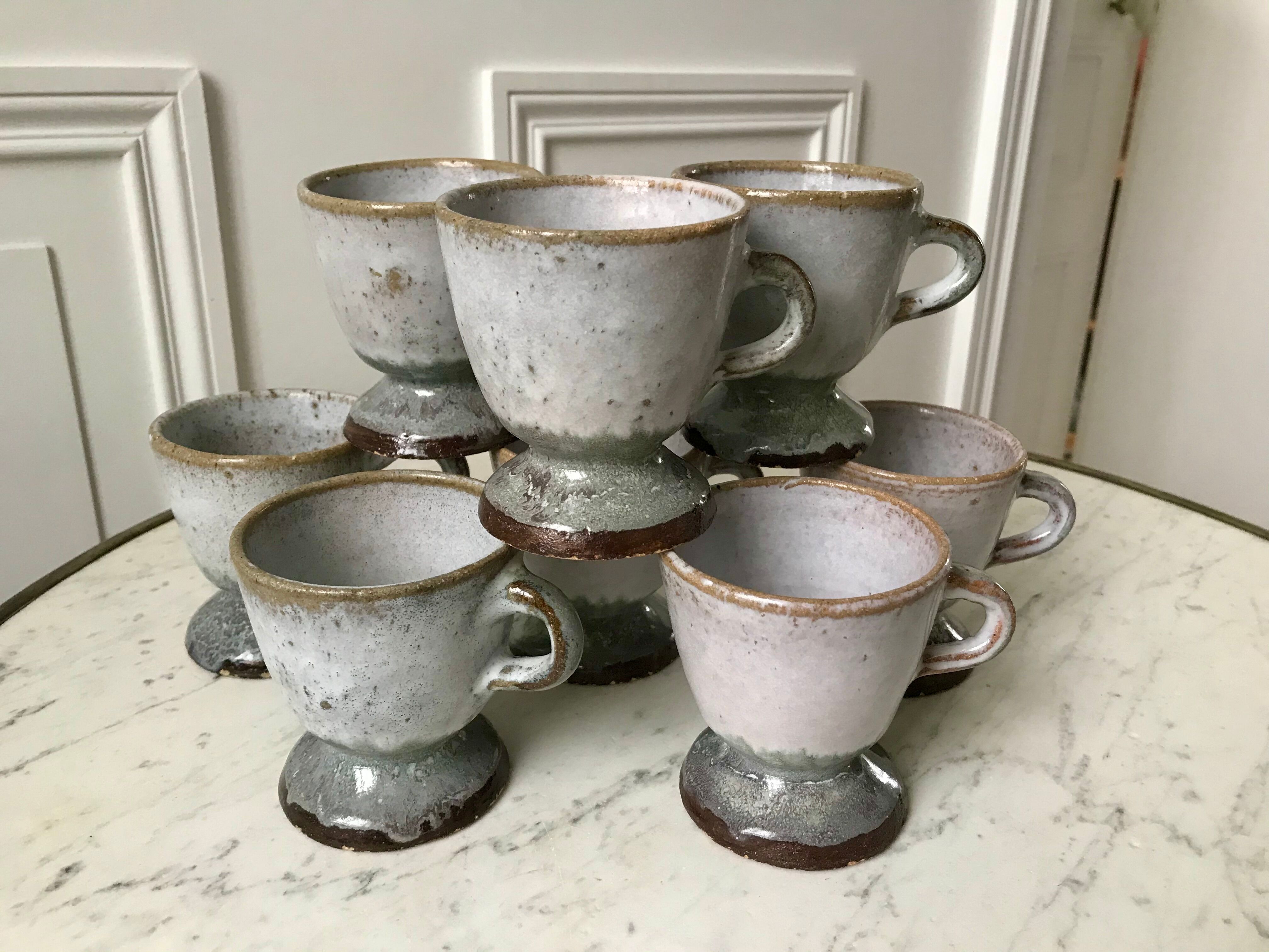 Set of 8 coffee cups, stoneware mazagrans handcrafted signed 70s
