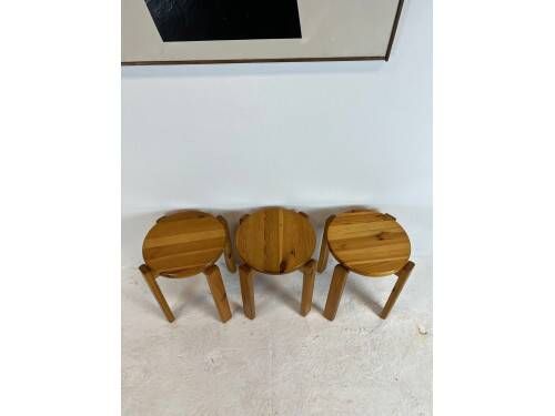 Set of three solid pine stools, 1970s.