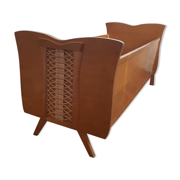 Lit en bois et rotin vintage