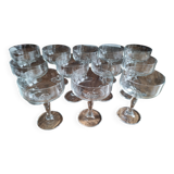 Set of 12 vintage glass champagne glasses with curved foot