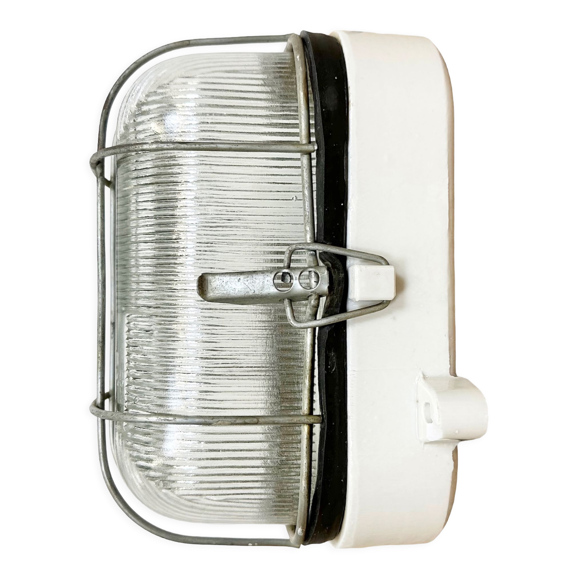 Industrial white porcelain cage wall light with ribbed glass, 1970s