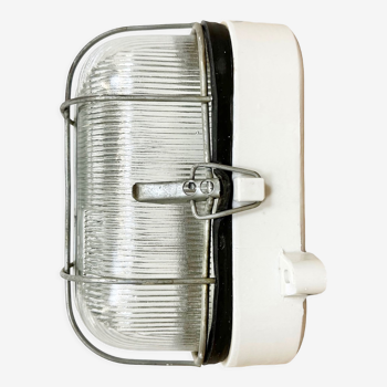 Industrial white porcelain cage wall light with ribbed glass, 1970s