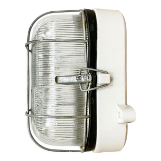 Industrial white porcelain cage wall light with ribbed glass, 1970s