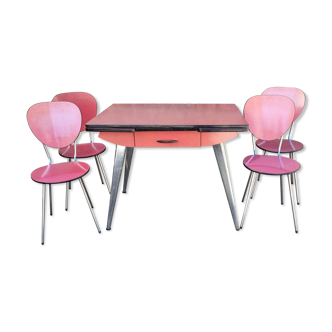 Table formica rouge rose et ses 4 chaises, Furiana, vintage années 70