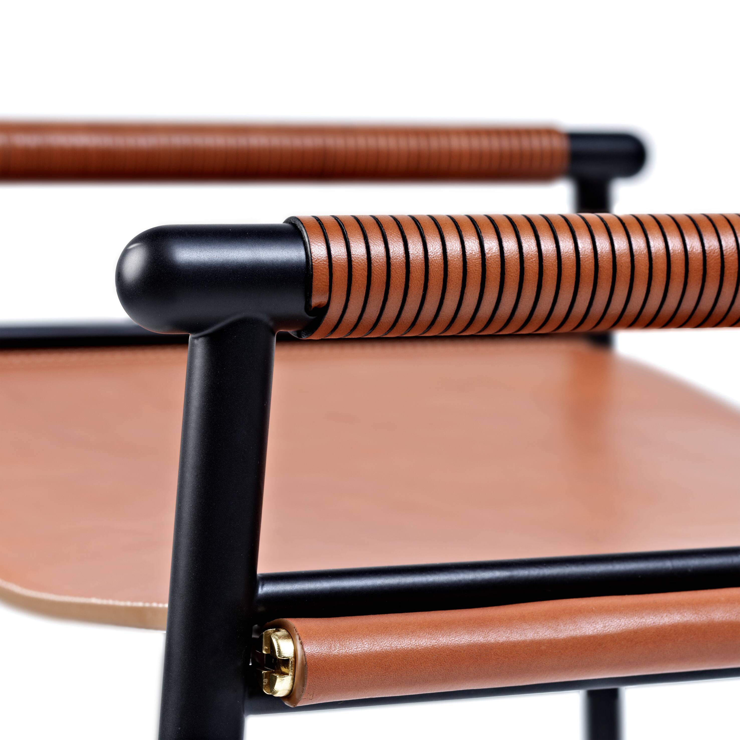 Classic and contemporary bar stool, natural brown leather and metal.