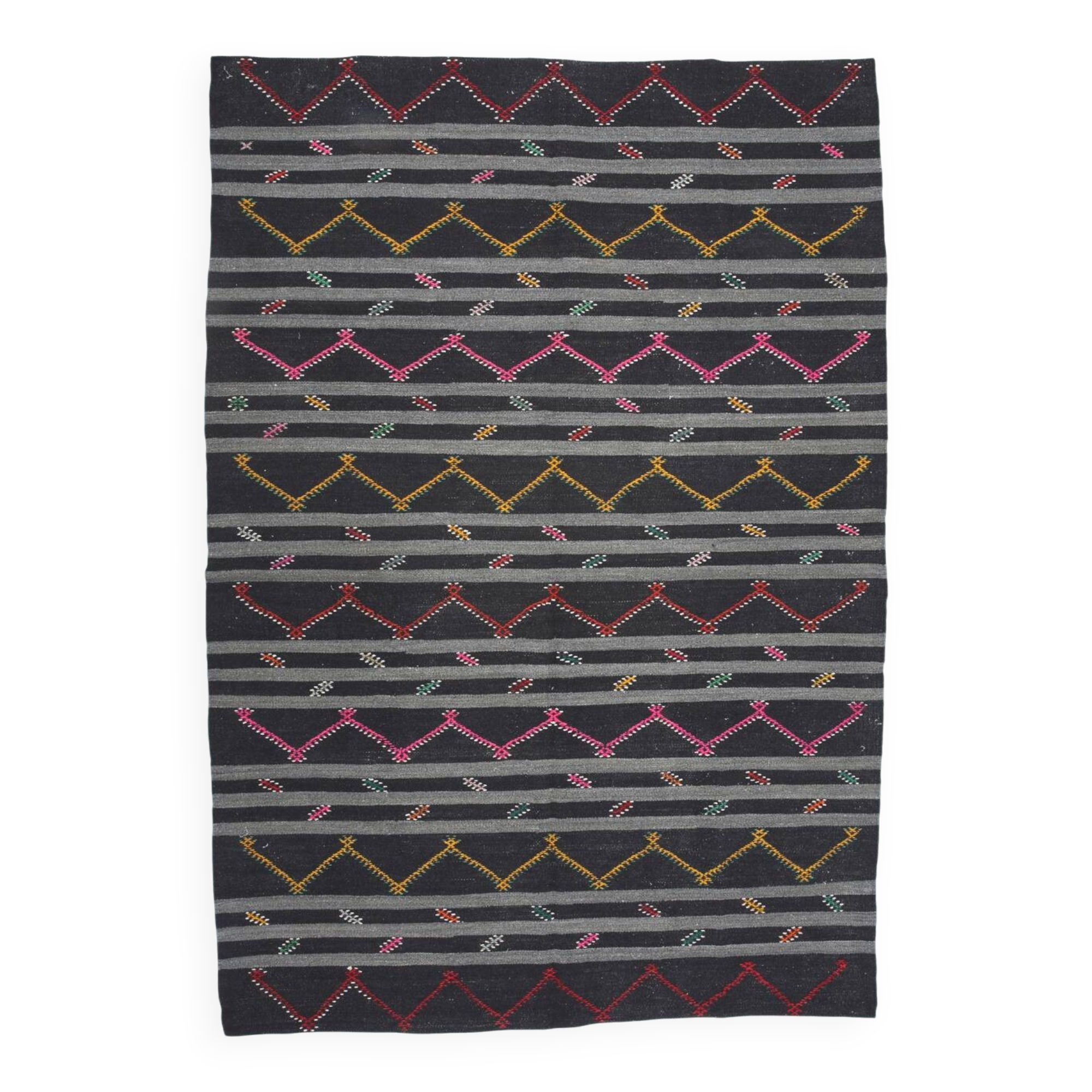 8x11 Gray & Black Striped Pattern Turkish Kilim Rug, 235x337Cm