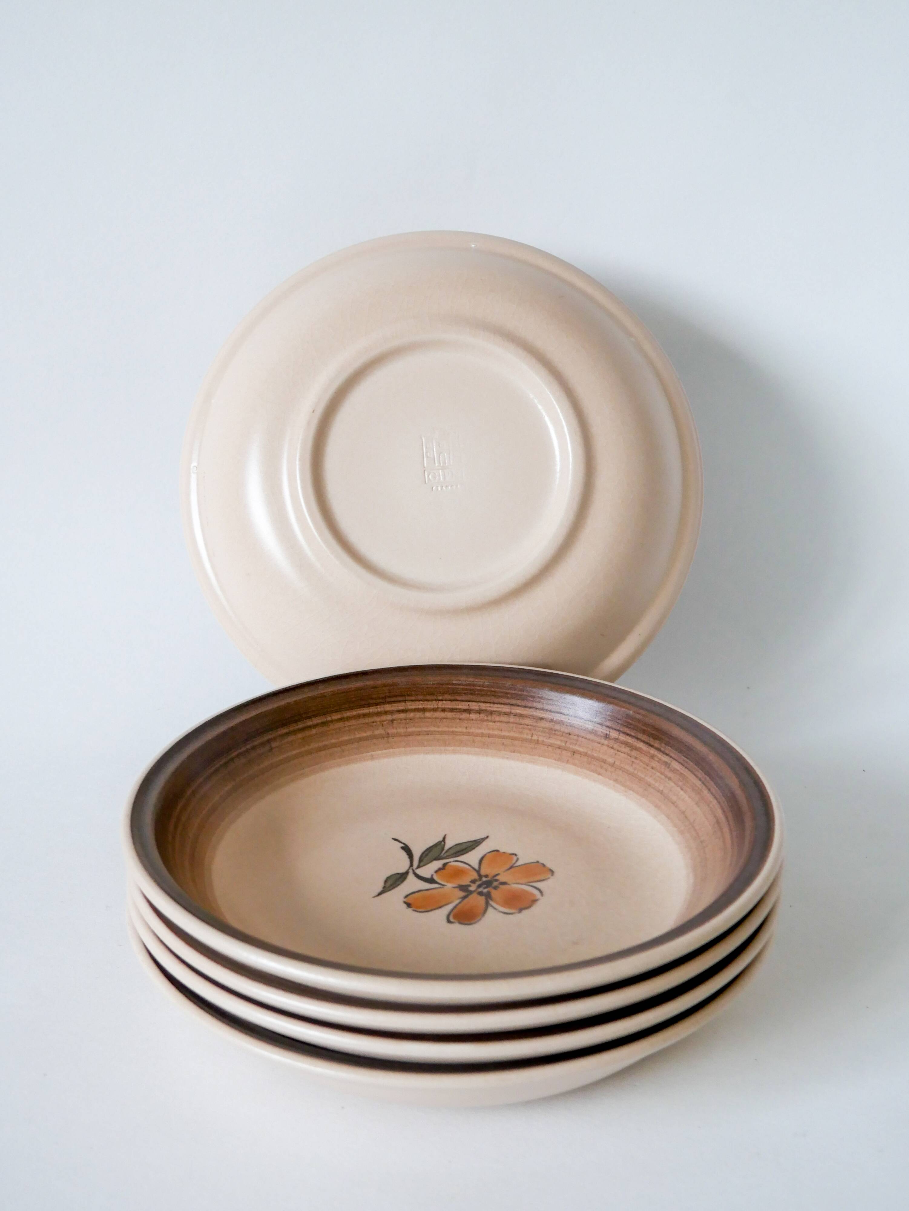 Set of 5 Gien stoneware soup plates with flowers 1970
