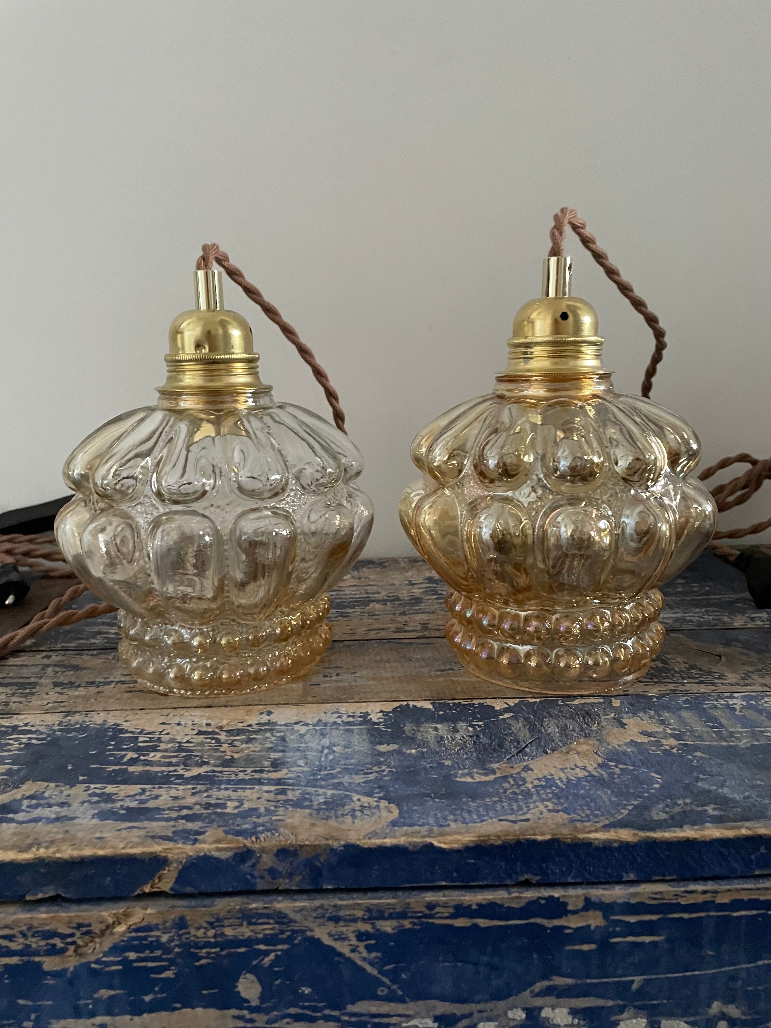 Set of two new electrified amber glass walking lamps