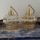Set of two new electrified amber glass walking lamps