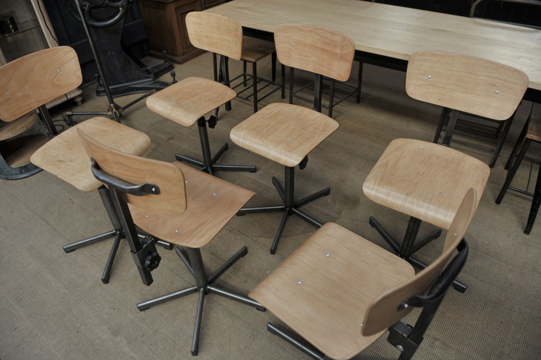 Industrial rotary and adjustable workshop chairs 1950s